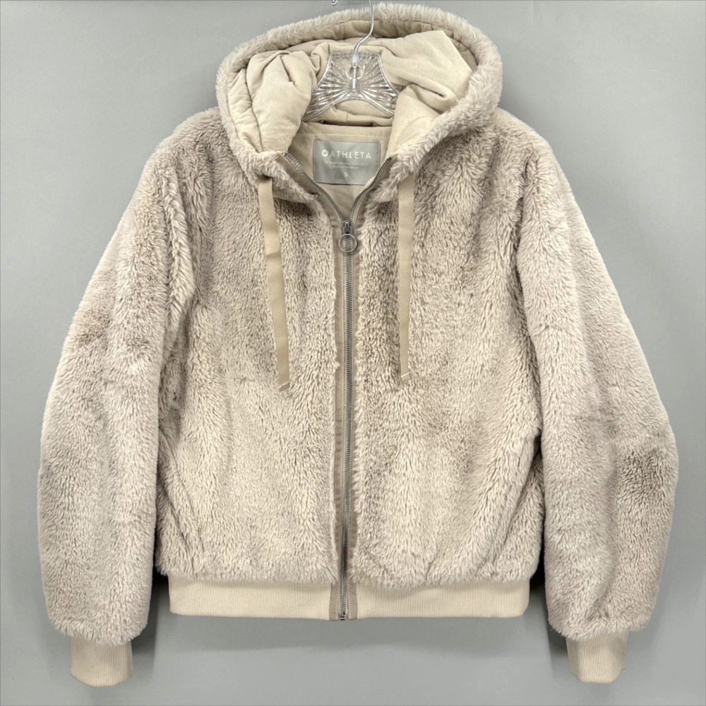 Athleta Jacket Small Beige Faux Fur Hooded Full Zip Bomber Sherpa Fleece Ritual